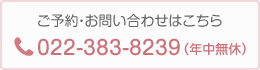 ご予約・お問い合わせはこちら。TEL：022-383-8239（年中無休）